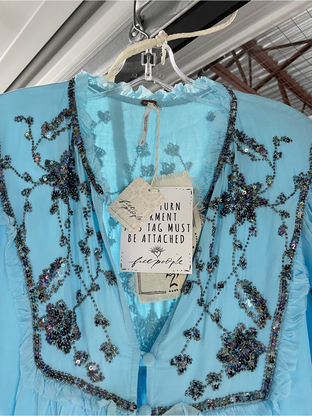 Free People Sky Blue Sequin Embellished Boho Mini Dress - Picture 2 of 6